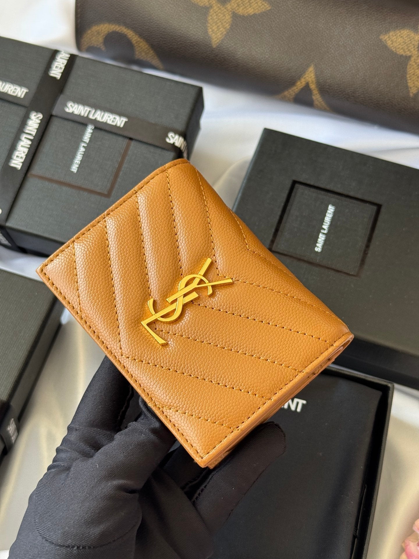YSL Wallet Brown Gold Cowhide 240576