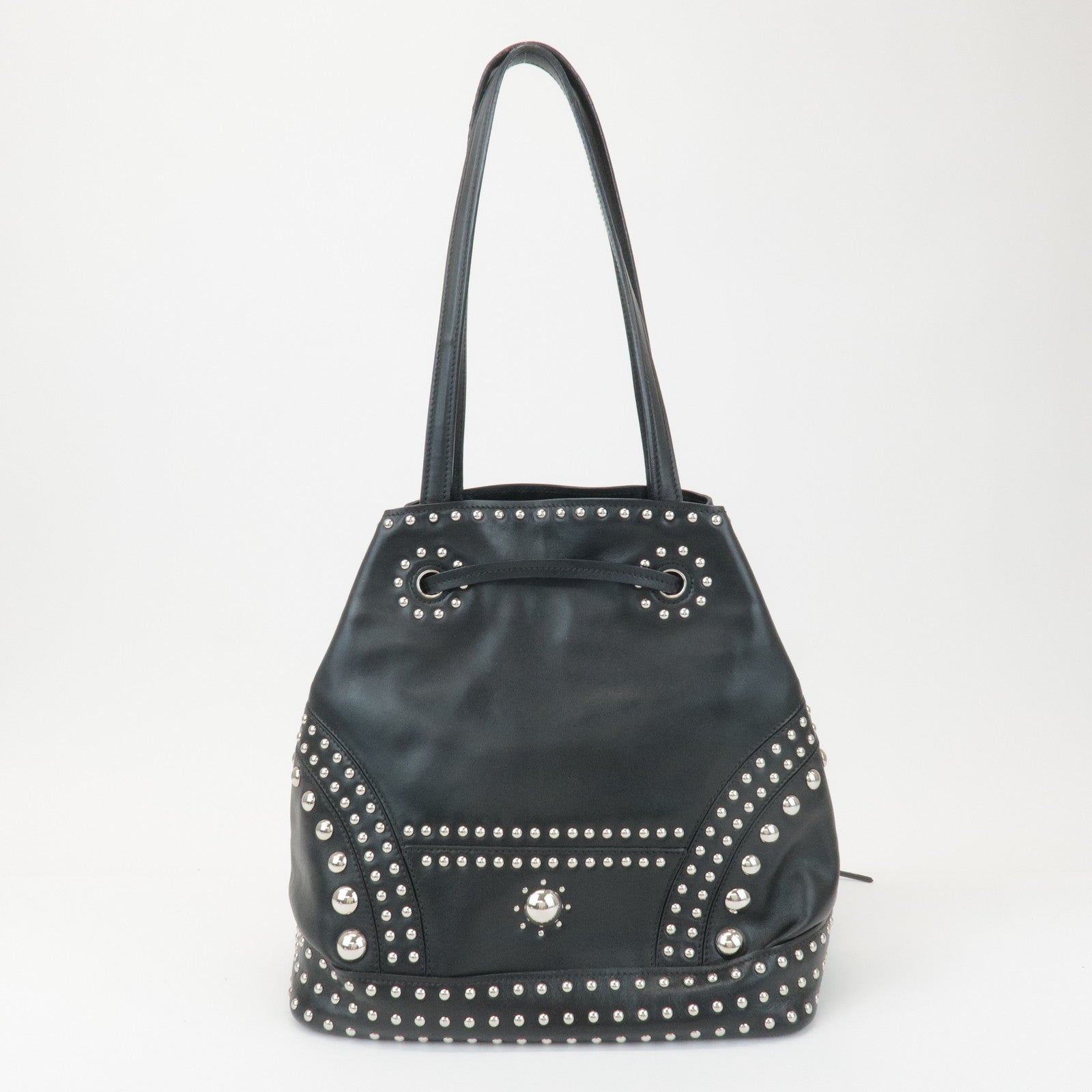 Prada Calf Leather Drawstring Shoulder Bag Studs Tassel