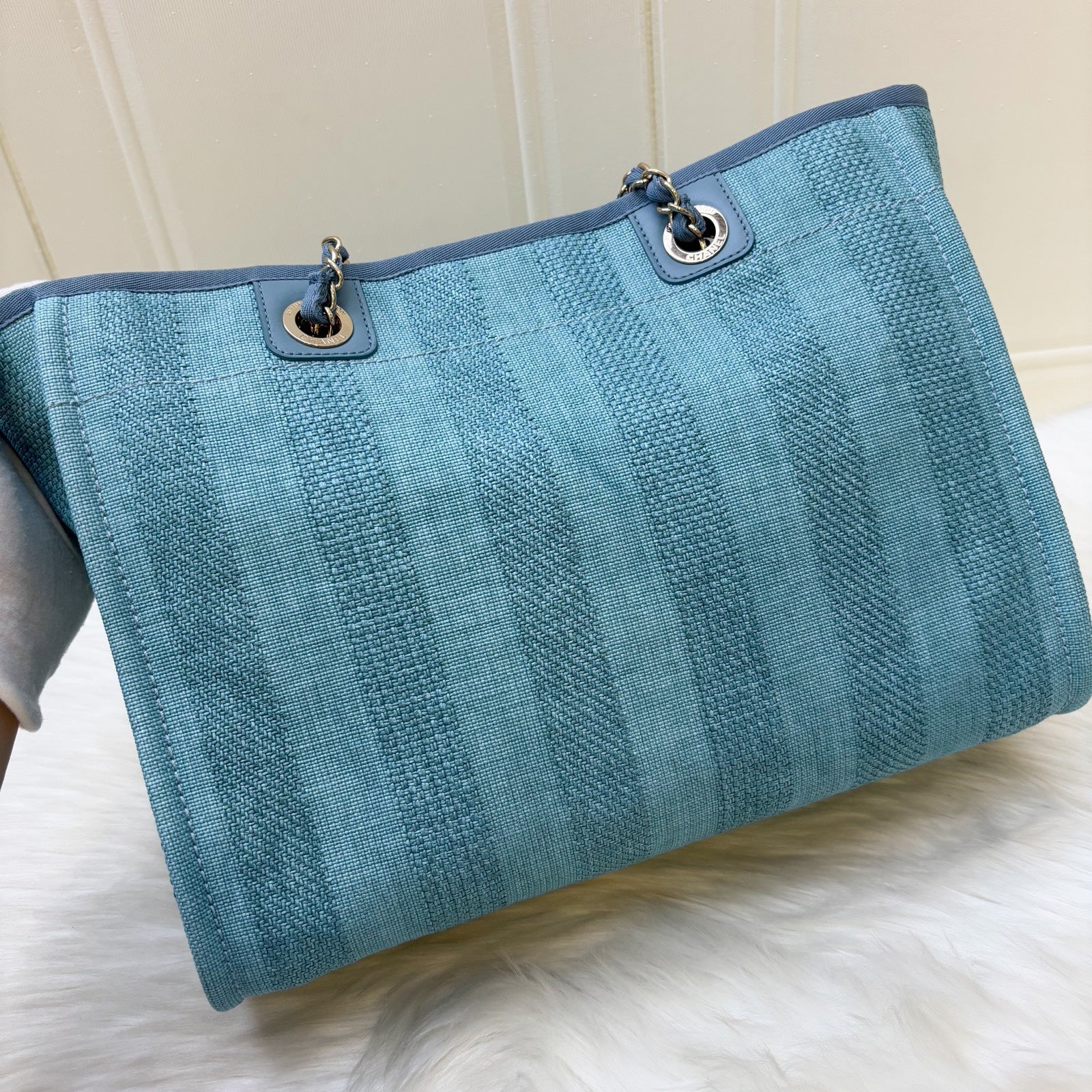 Chanel Small / Medium Deauville Tote In Green / Turquoise Fabric An…