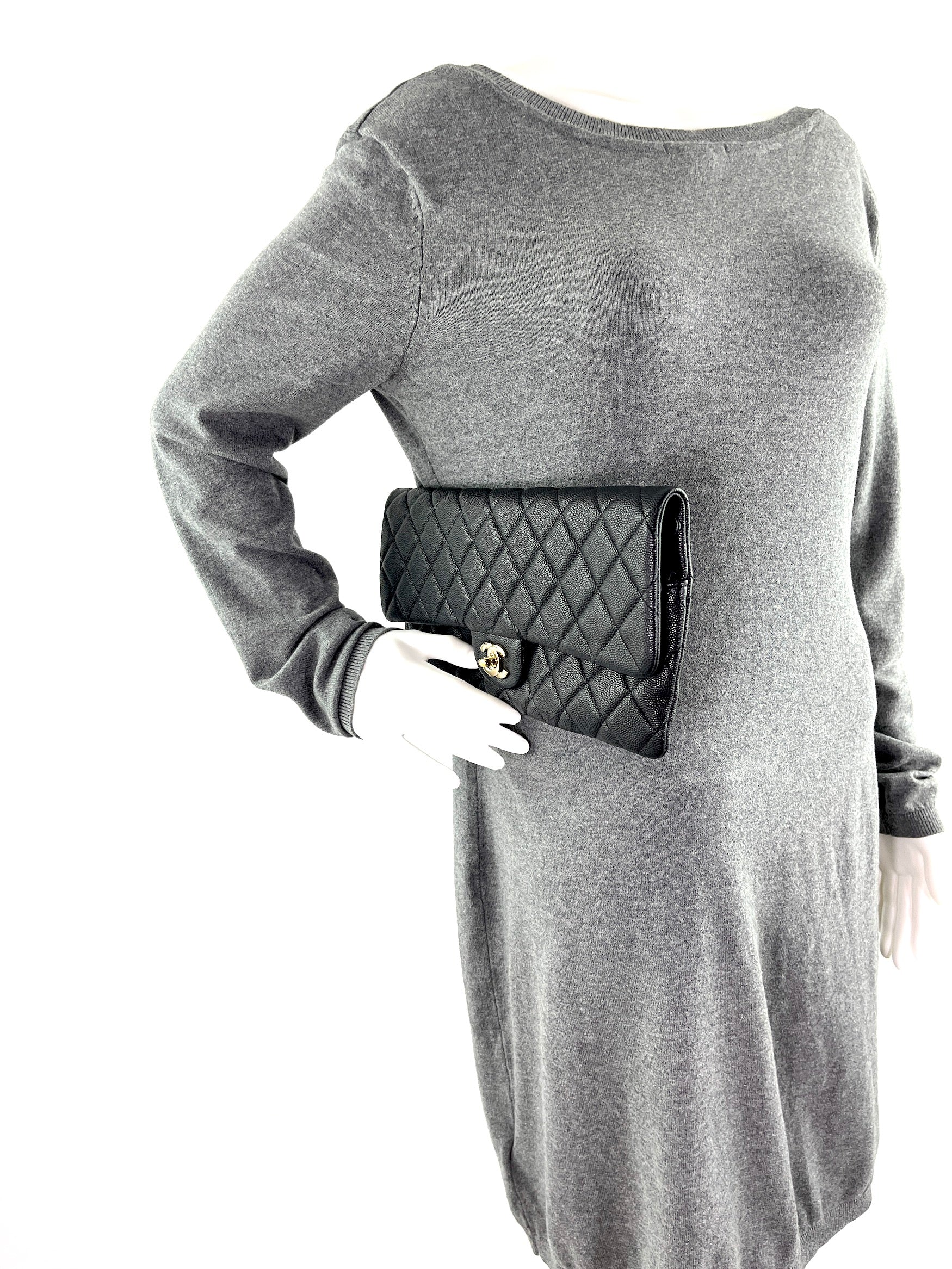 Chanel Classic Black Quilted Caviar Flap Clutch Bag