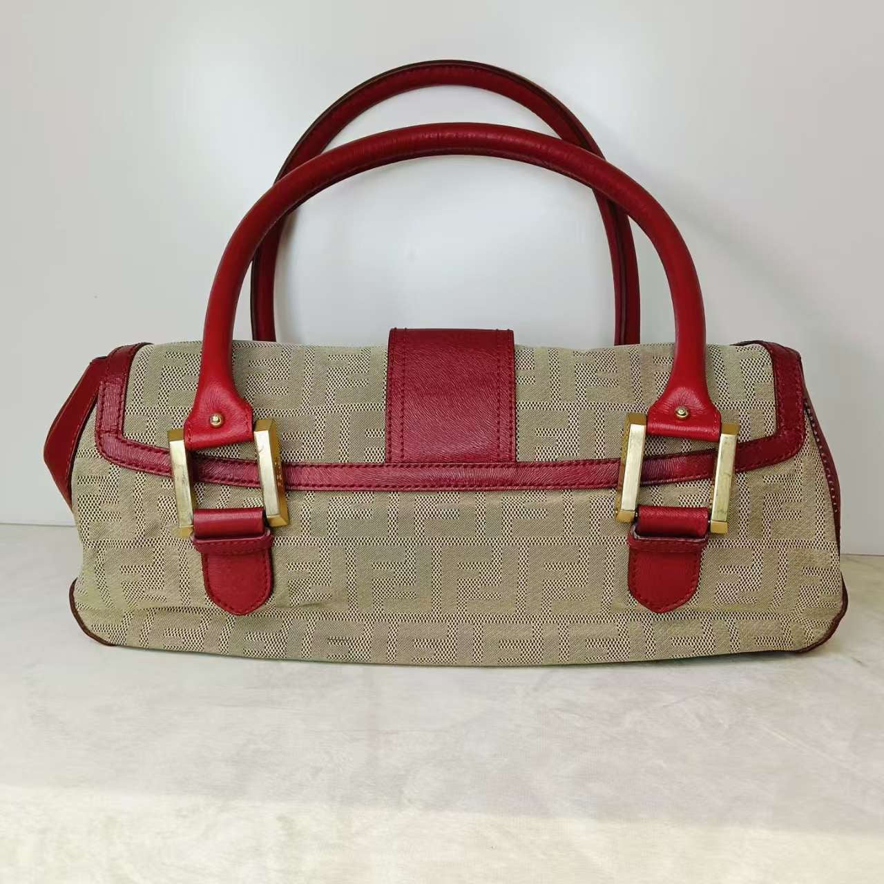 Fendi Tote Bag Beige Red Leather Canvas Handbag